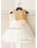 Gold Sequin Ivory Tulle With Pink Flower Sash Knee Length Flower Girl Dress